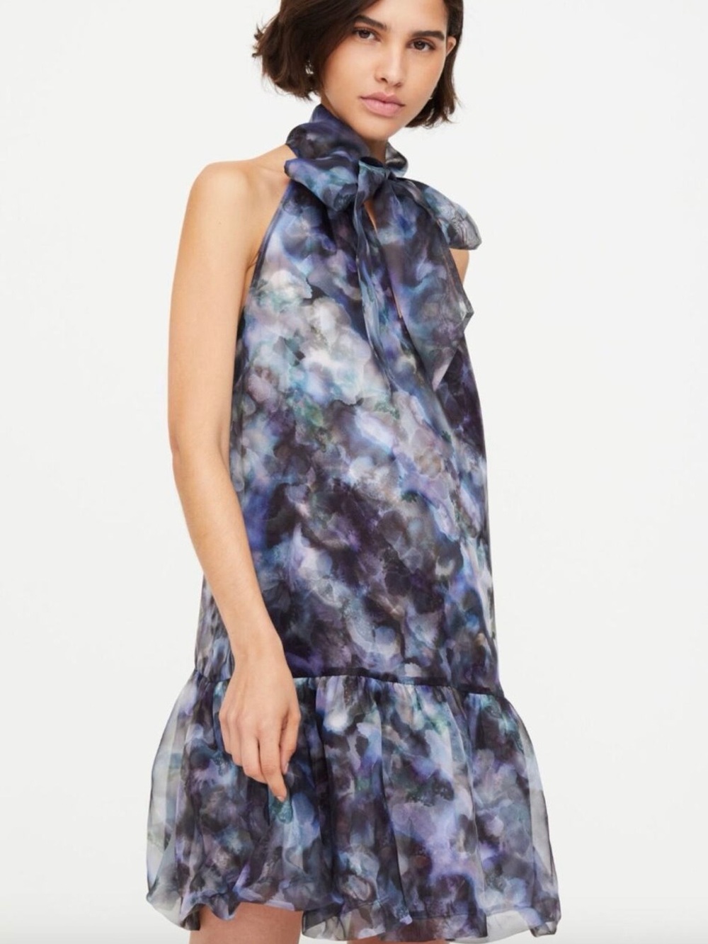 Marie Oliver Tie-Neck Floral Organza Halter Dress in Blue